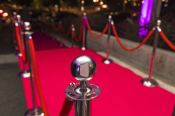 Long red carpet between rope barriers on VIP entrance.