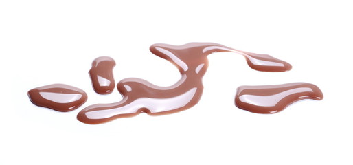 Spilled chocolate milk puddle isolated on white background
