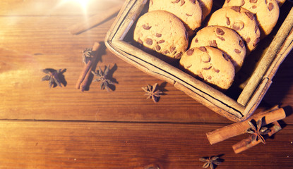 close up of oat cookies on wooden table