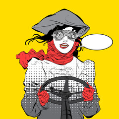 Young smiling driver.. Girl pilot. Woman pilot. Air sport. Smiling pilot. Concept idea of advertisement and promo.