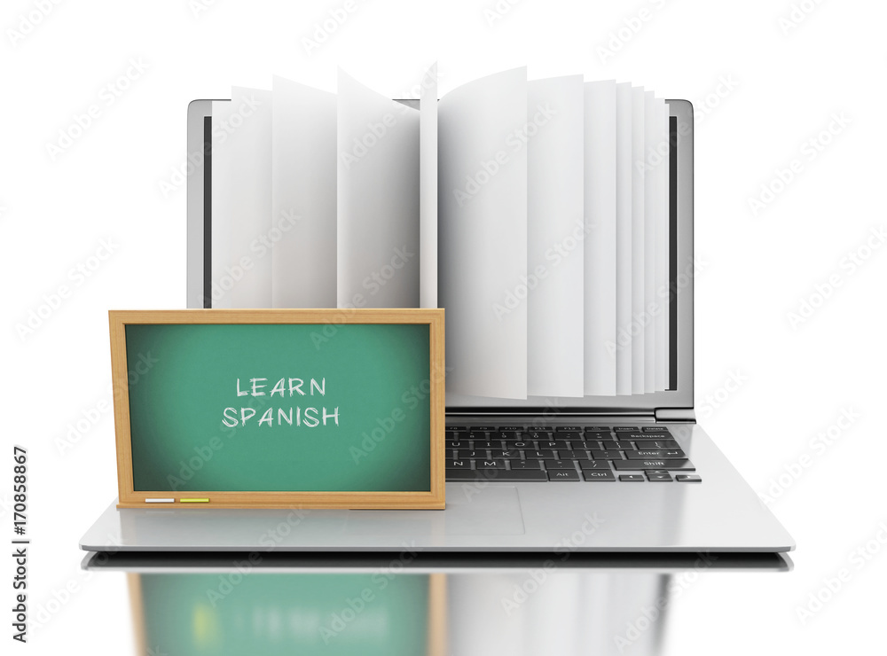 Poster 3d laptop computer with book pages and 