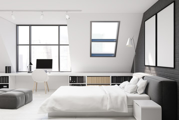 Brick wall bedroom and home office, side