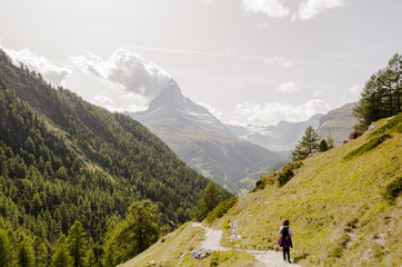 Fototapeta na wymiar Zermatt, Dorf, Findeln, Sunnegga, Wanderweg, Findelbach, Findelbachschlucht, Wanderer, Alpen, Matterhorn, Wallis, Lärchenwald, Sommer, Schweiz
