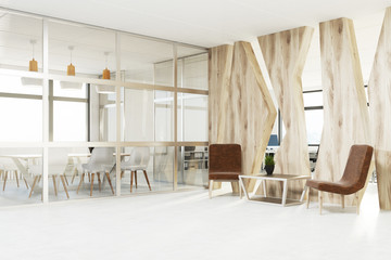 Brown armchairs waiting area, wood, side