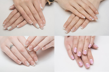 collage.Beautiful hand with perfect french manicure group photo. isolated on white background