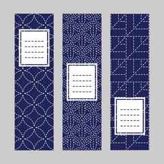 Sashiko banner set. Abstract texture. Traditional Japanese Embroidery Ornament. Set of vertical flyers. Indigo and white colors. Simple design for invitation, postcard or bookmark.