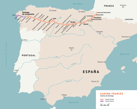French Way map. Camino De Santiago or The Way of St.James. France. Ancient pilgrimage path to the Santiago de Compostela on the north of Spain.