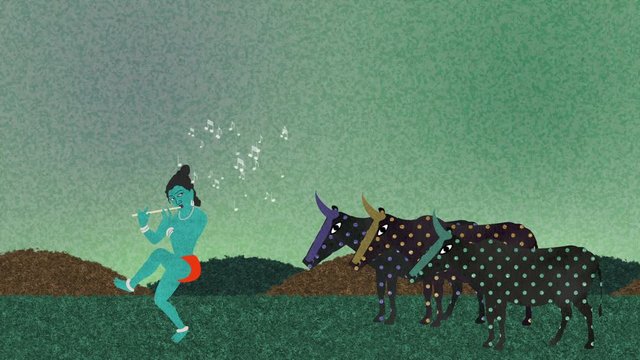 Lord Krishna Playing the Flute to Holy Cows