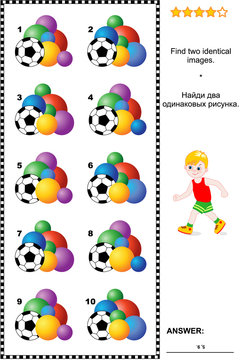 Sports, soccer or football themed visual puzzle: Find two identical images of balls. Answer included.
