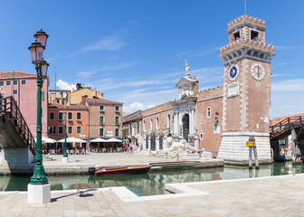 Entrance to the Arsenale, Castello, Venice, Veneto, Itlay and the Campo and Rio de l'Arsenale. The Arsenale was a medieval shipyard and armoury