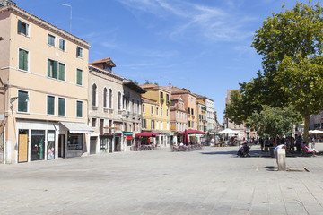 An almost deserted Campo Santa Margherita, Dorsoduro, Venice, Veneto, Italy during the heatwave in August 2017