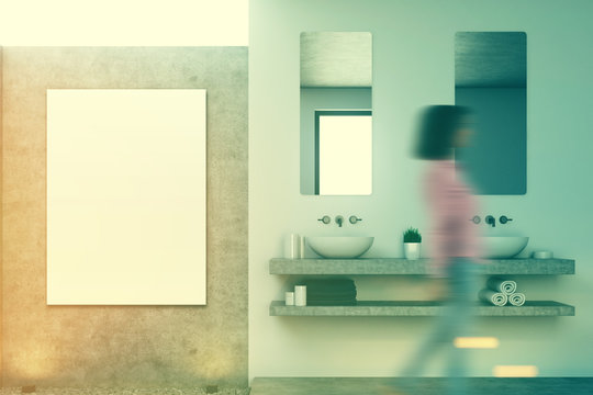 Concrete bathroom, double sink, poster. girl