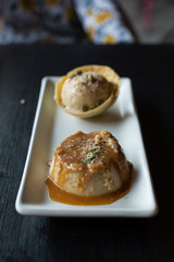 Peanut Flan Served with Caramel Ice Cream