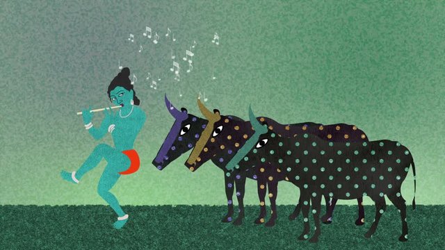Lord Krishna Playing His Flute to Holy Cows