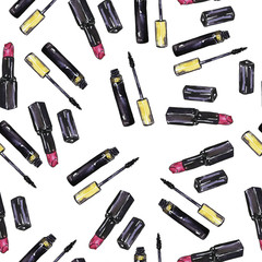 Seamless pattern with pink lipstick and black mascara on white background. Hand drawn watercolor and ink illustration.