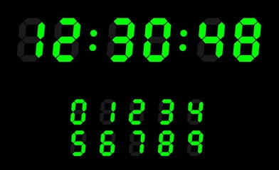 digital font signs on dark background. Retro alphabet