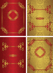 Set of cards with vintage decoration. Vintage seamless background in red and gold