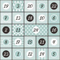 Moderner Adventskalender mint und schwarz gemustert mit 24 Türchen