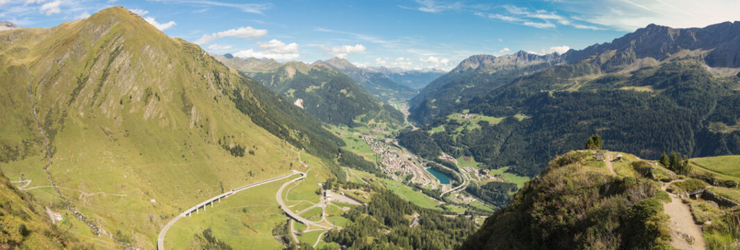 Panorama on the valley Leventina and the surrounding mountains from the road to the Gotthard Pass, Switzerland