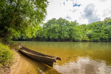 Foto op Plexiglas traditional boat on the river indonesia in jungles © murrrrrs