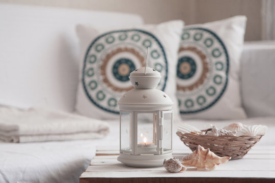 Wooden coffee table with lantern