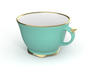 Isolated antique porcelain cup with gold on white background. 3D Illustration.