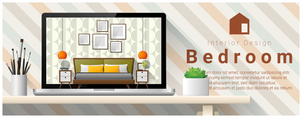 Modern bedroom interior design background , vector , illustration