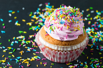 Closeup of cupcakes with vanilla, berries, pink and white cream, chocolate and sprinkles on wooden background. Selective focus. Sweet dessert tasty food concept muffin.