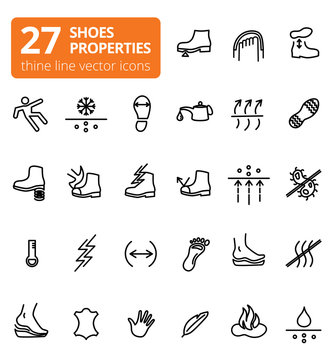 Shoes properties symbols. These icons indicate properties of footwear. Thin line icons. Editable strokes. Vector