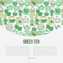 Green tea ceremony and sale of tea beverages concept with thin line icons. Vector illustration for web page, banner and print media.