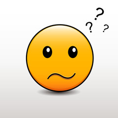 Cute emoticon with doubts and question marks above his head. Vector emoji smiley