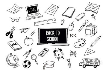 Back to School doodles. Vector hand drawn icons - school and classroom related objects