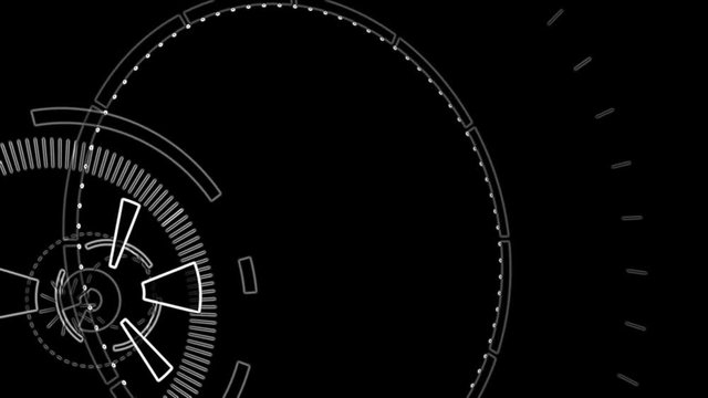 Outlined video graphic background component. Abstract round animation, hi-tech stylization with circles. Futuristic Sci-Fi HUD effect. Central sight of wheels in technology. Mechanical gears on black.