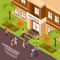 School Building Entrance Isometric Poster