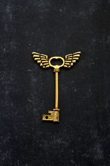 Golden Key with wings on Black Background