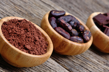 Cacao powder beans and dark chocolate in a bowls