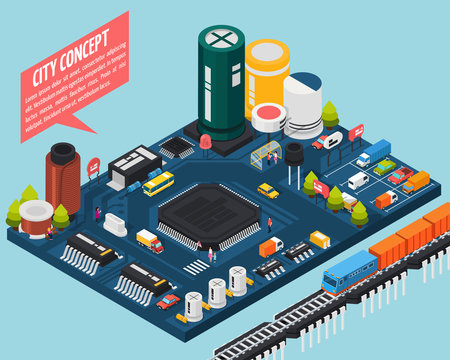 Semiconductor Electronic Components Isometric City Concept