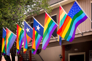 The rainbow flags, symbol of gay pride are proudly displayed in the city of Houston, Texas