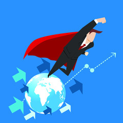 Super businessman flying into the sky