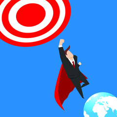 Super businessman flying into the sky hit the target
