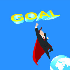 Super businessman flying into the sky to get goal sign