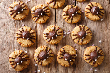 Halloween cookies with chocolate spiders close-up on a wooden table. horizontal top view