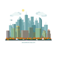Autumn city concept. Urban landscape with city traffic. Vector illustration. Flat design