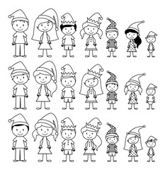 Vector Collection of Line Art Christmas or Holiday Themed Stick Figures or Stick Figure Family - 170876075