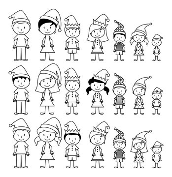 Vector Collection of Line Art Christmas or Holiday Themed Stick Figures or Stick Figure Family