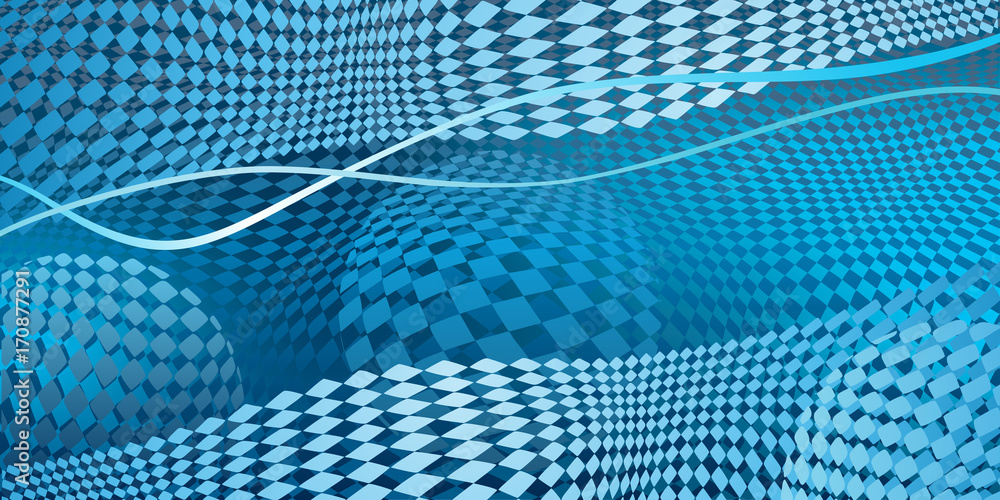 Poster Futuristic image of a wave on a plane of squares and abstract spheres. Vector background image.