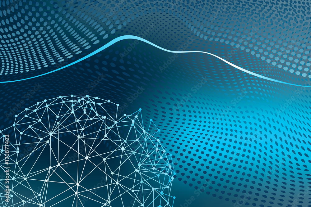Poster Abstract futuristic background image on the topic of global network communication. Polygonal sphere among waves, lines and points.