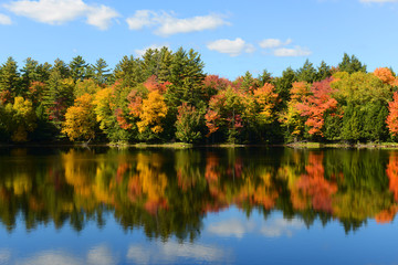 Church Pond in fall with foliage in town of Paul Smiths, Adrondack Mountains, New York, USA.