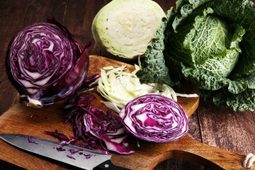 Three fresh organic cabbage heads. Antioxidant balanced diet eating with red cabbage, white cabbage...
