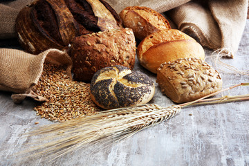 Different kinds of bread and bread rolls on board. Kitchen or bakery poster design.